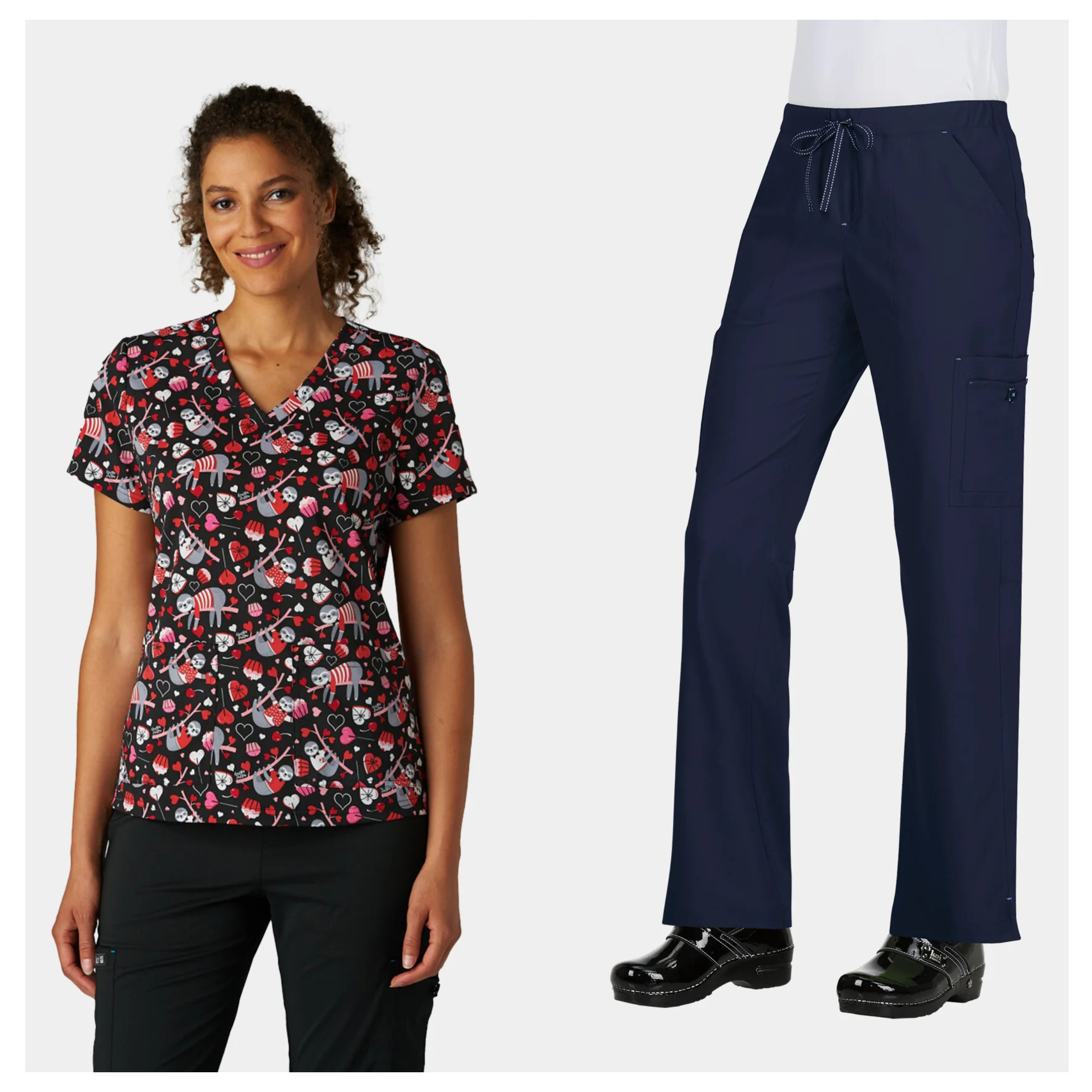 Happythreads childcare uniforms-Koi Basics Leslie Scrub Top - Slothy Kind of Love and Oden Theatre Clogs - White Suecos