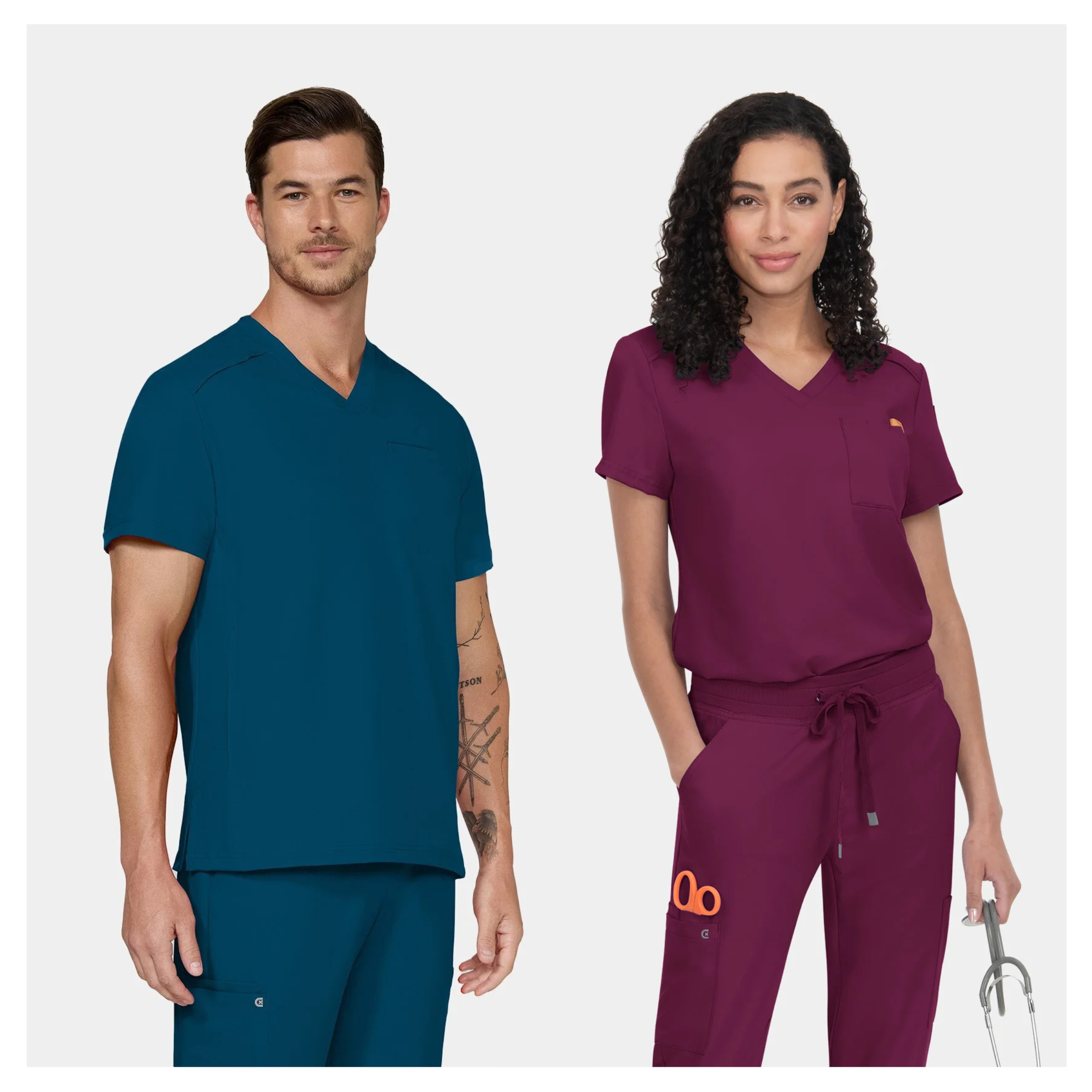 Koi Cureology Men's Stasis top and Koi cureology women's aura scrub top