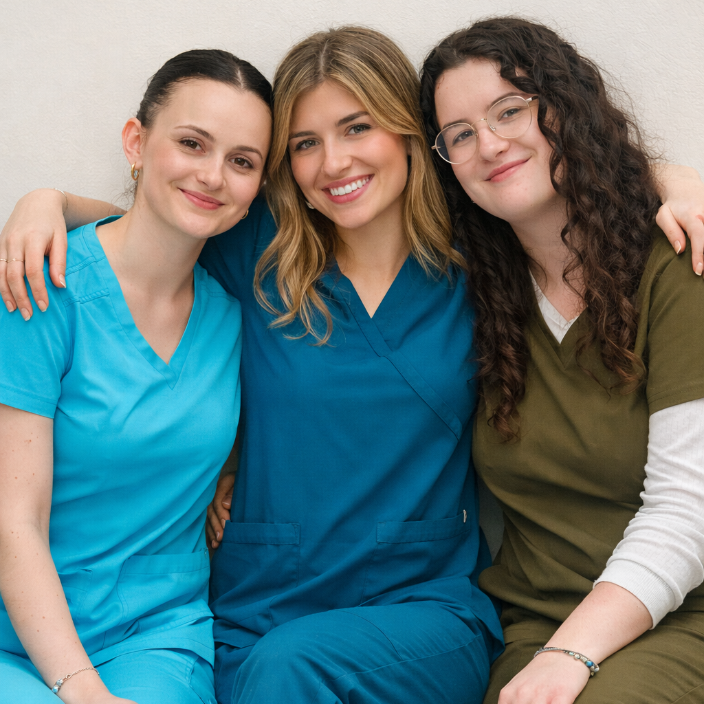 Three female healthcare professionals sitting together and smiling while wearing colourful medical scrubs in teal, turquoise and olive green, representing women working in healthcare.