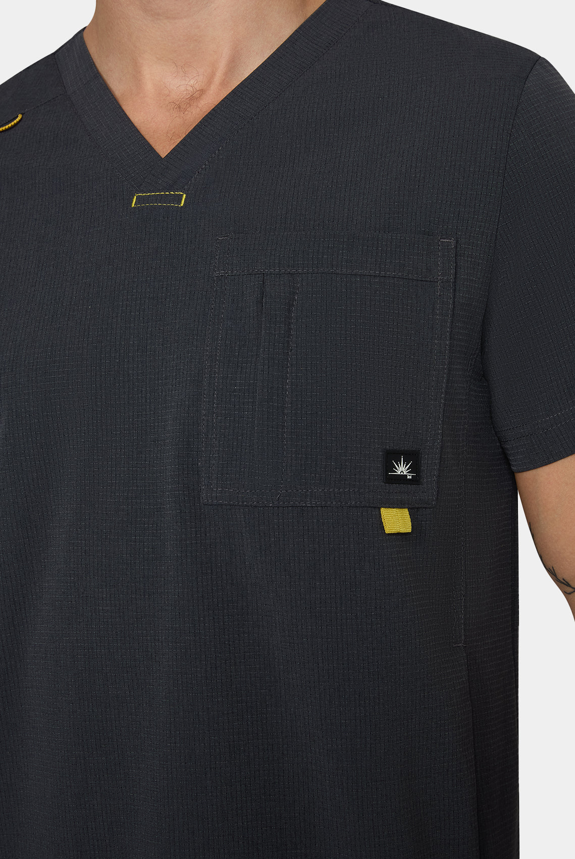 Men's Koi Solis Caldwell scrub top charcoal closeup