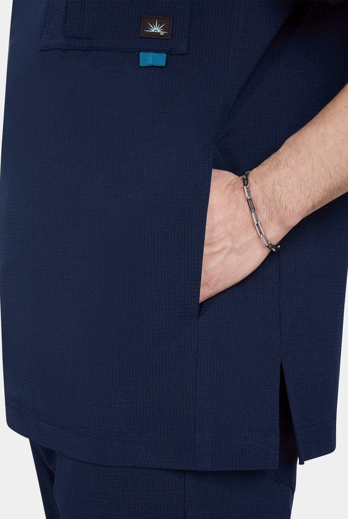 Men's Koi Solis Caldwell scrub top navy closeup