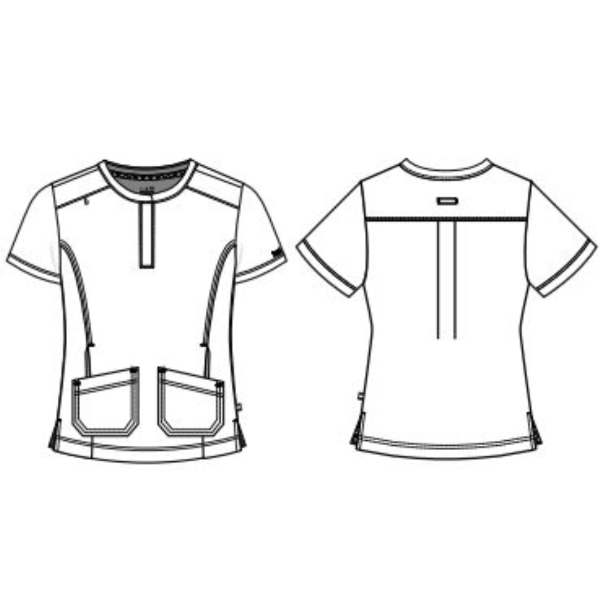 Front and back technical sketch of a women's scrub top with short sleeves, quarter-zip neckline and patch pockets.