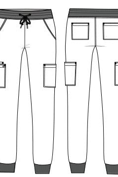 Technical sketch of women's jogger scrub trousers showing front and back views with cargo pockets, back pockets and ribbed cuffs.