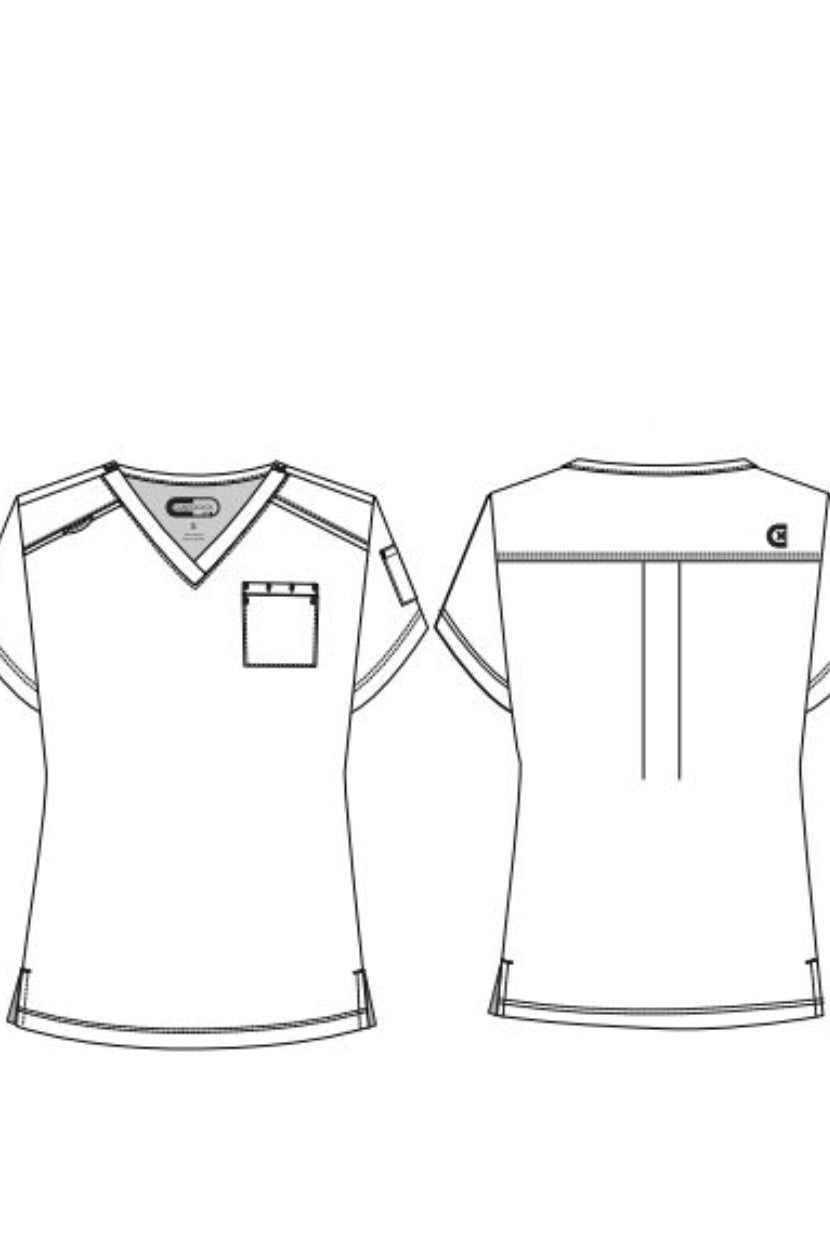 Front and back technical sketch of a women's short-sleeve V-neck scrub top with chest pocket and sleeve pocket
