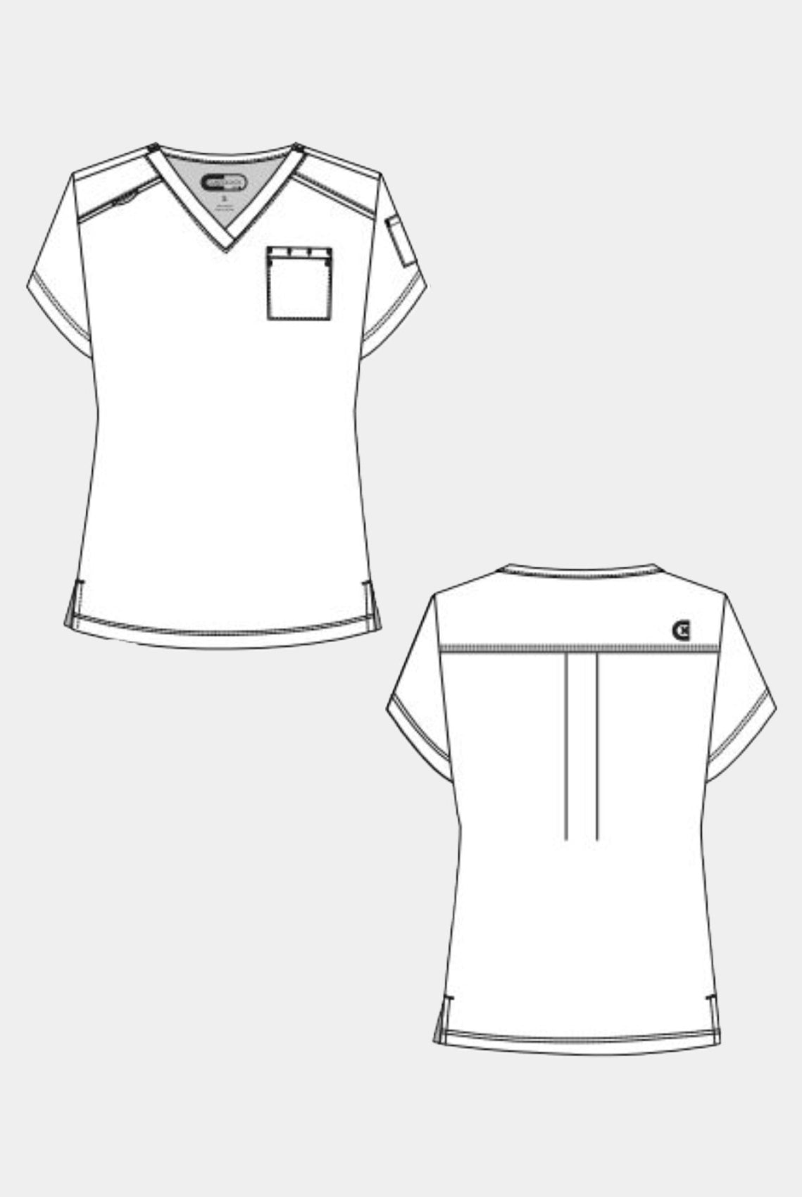 Technical line drawing of a women's V-neck scrub top with short sleeves, chest pocket and front and back views.