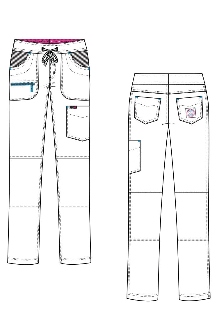 Women's white straight-leg scrub trousers technical sketch showing front and back views with multiple pockets and drawstring waist.