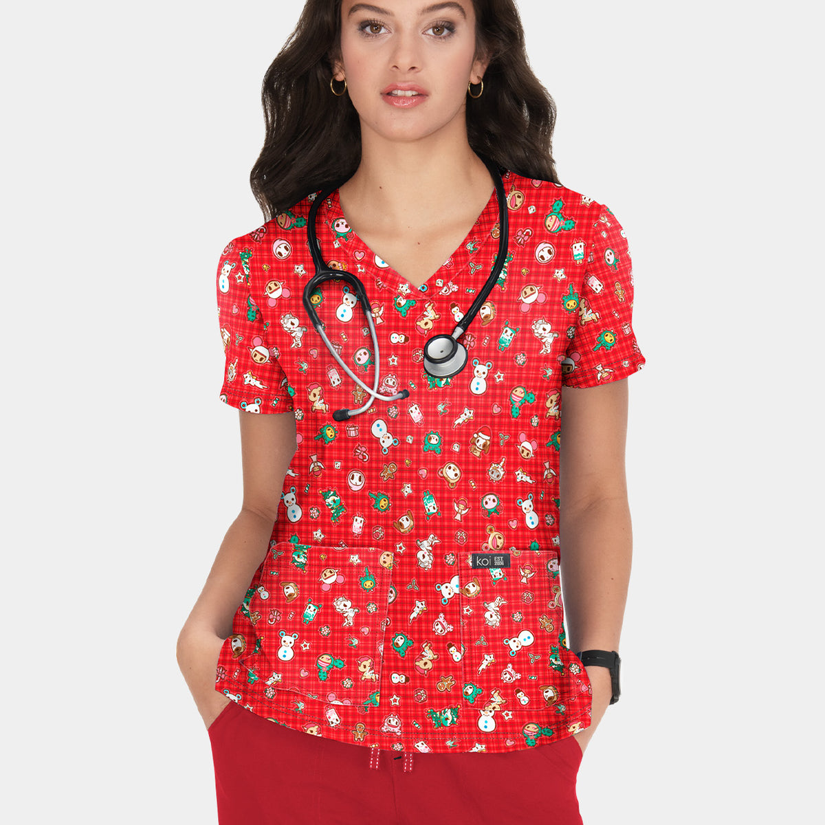 Koi Basics Leslie Christmas Scrub Top Holiday Flannel Happythreads UK