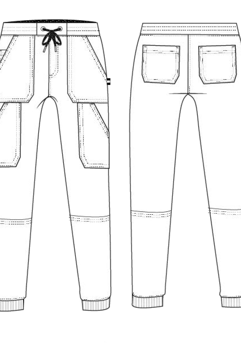 Front and back technical sketch of women's jogger scrub trousers with drawstring waistband, cargo pockets and ribbed cuffs
