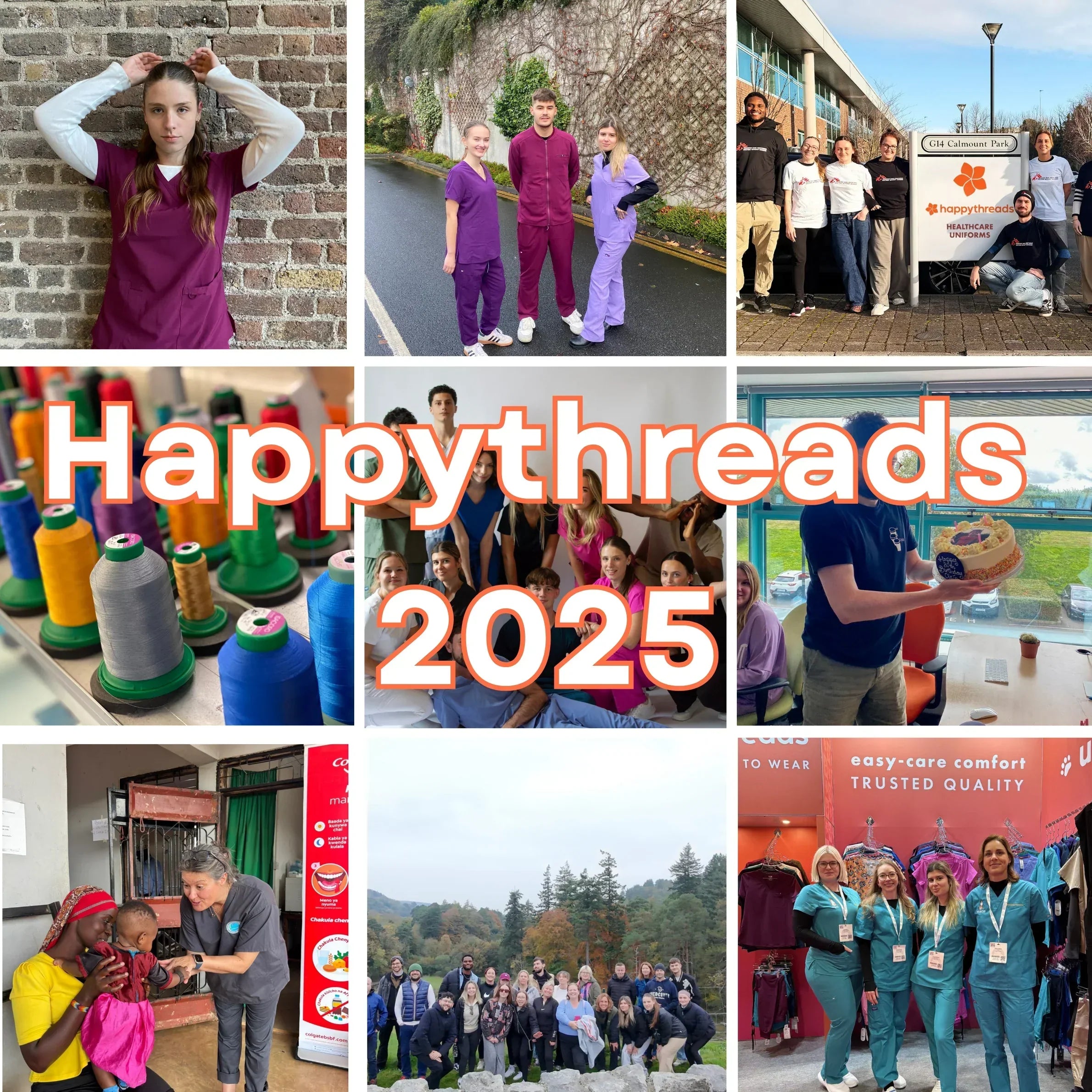 Happythreads 2025 recap collage showcasing new scrub collections, colourful embroidery threads, charity initiatives, trade shows, team moments, sustainability projects and healthcare professionals wearing scrubs across Ireland, the UK and Europe.