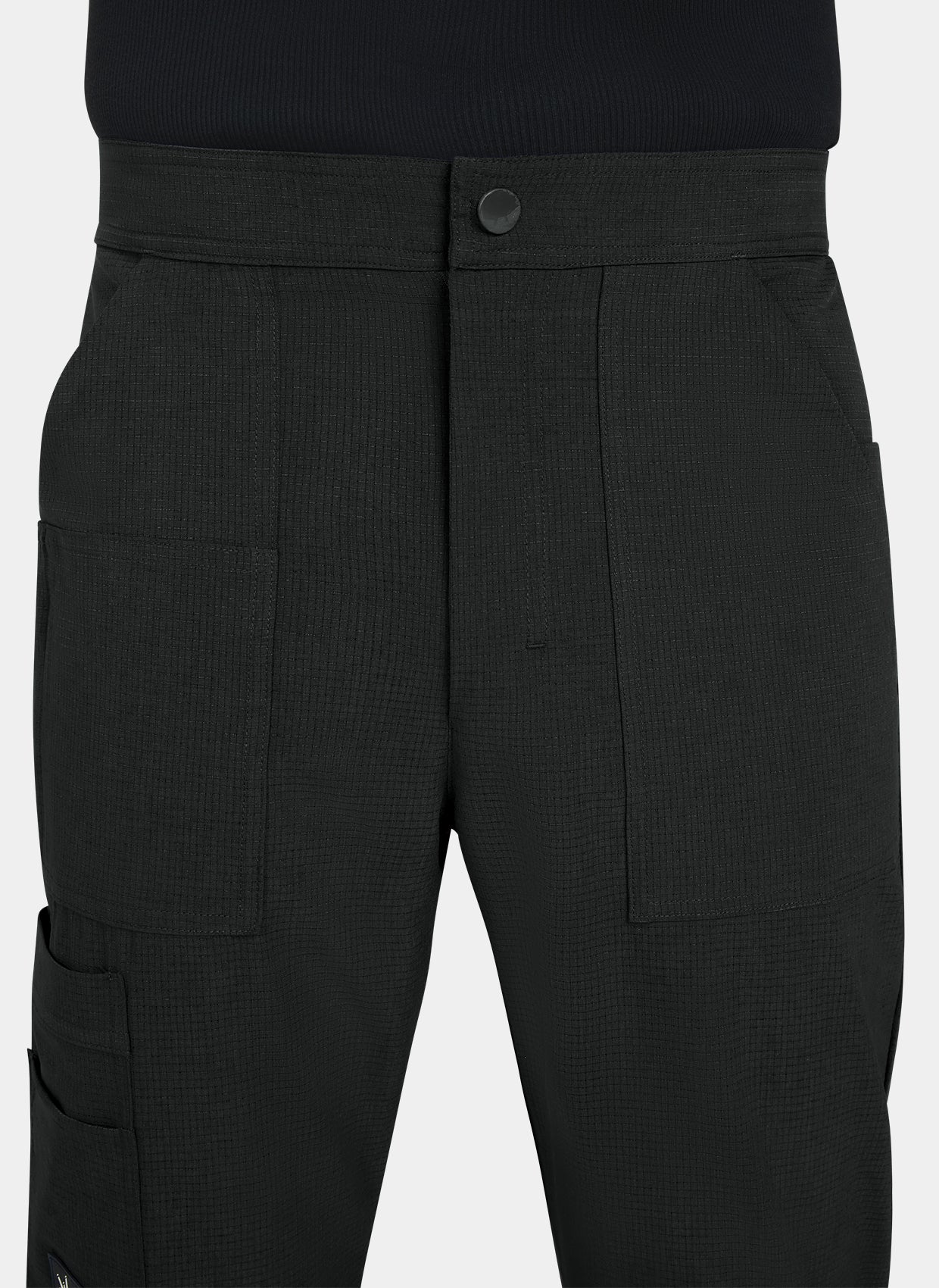 Men's Koi Solis black scrub trousers closeup