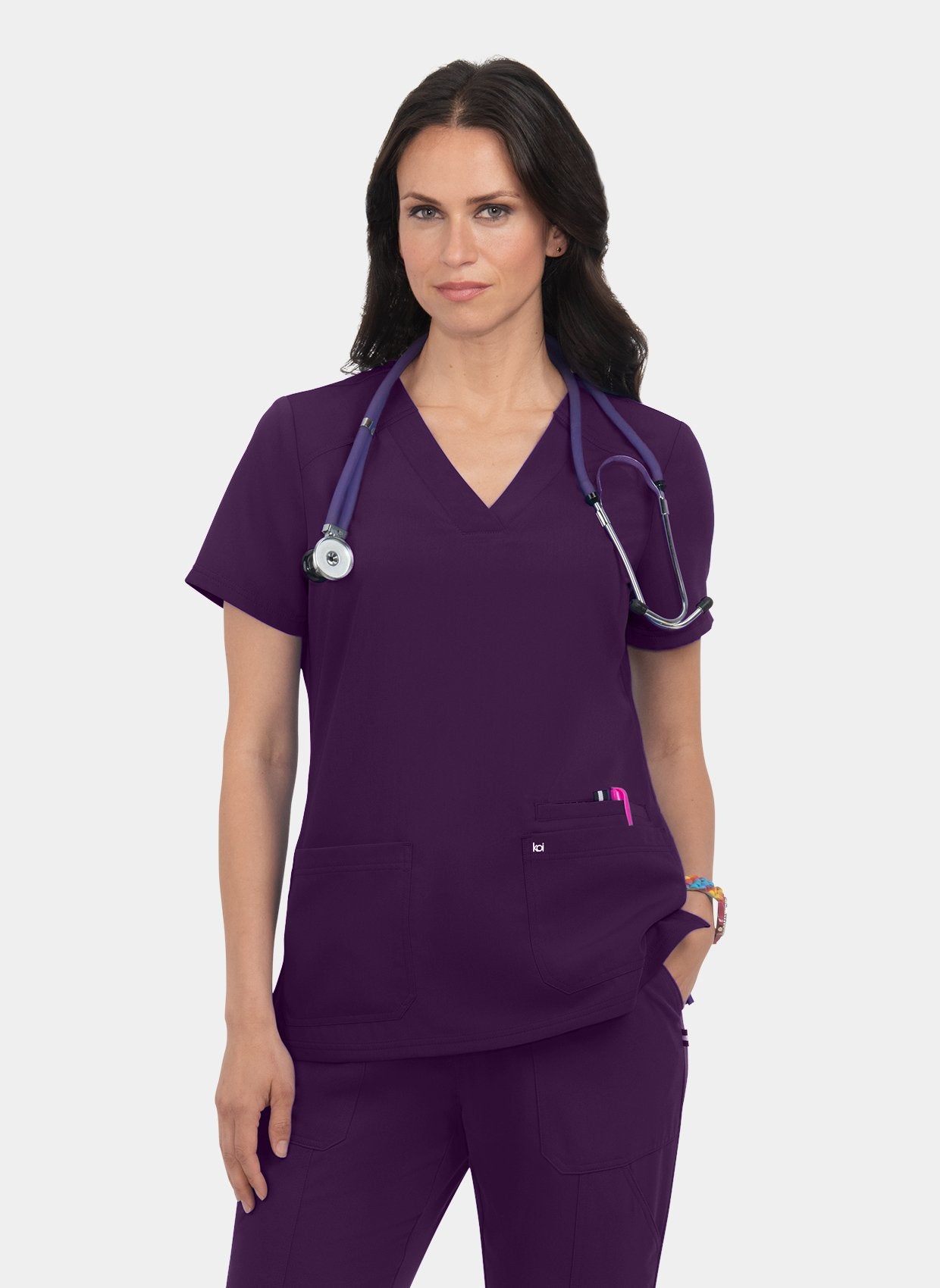 Koi Next Gen Hustle And Heart Scrub Top Eggplant women's front