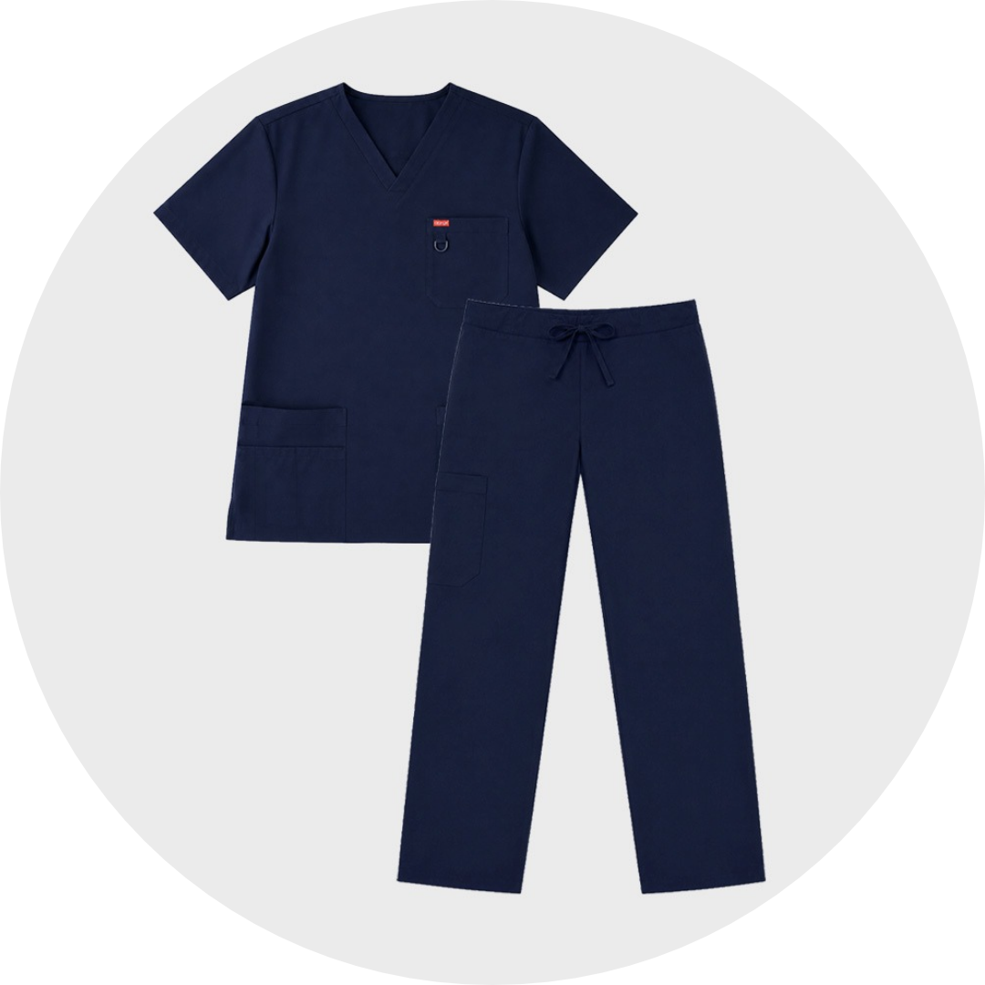 Navy blue cheap scrub set with V-neck top featuring chest pocket and side pockets, paired with drawstring cargo pants, laid flat against a gray circular background.
