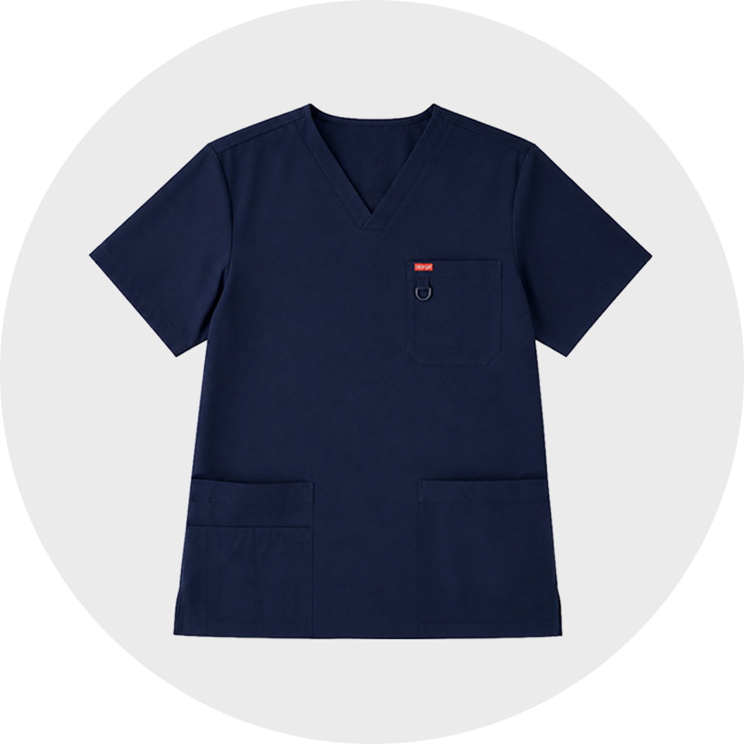 Navy blue cheap V-neck scrub top with short sleeves, one chest pocket with a small red label and D-ring detail, and two large lower front pockets.