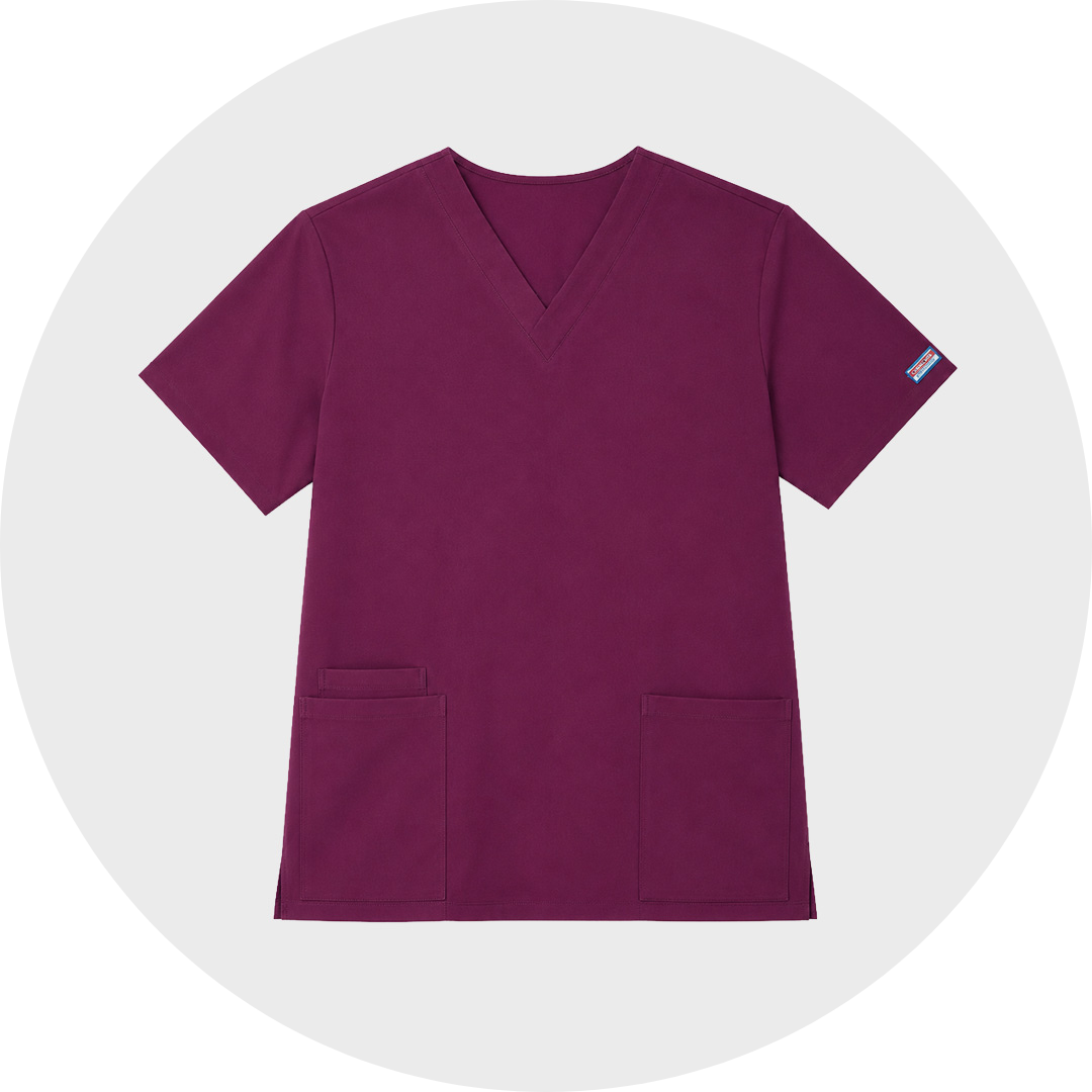 Wine burgundy short-sleeved Cherokee V-neck scrub top with two lower front pockets and a small pocket on one sleeve, shown flat against a light gray circular background.