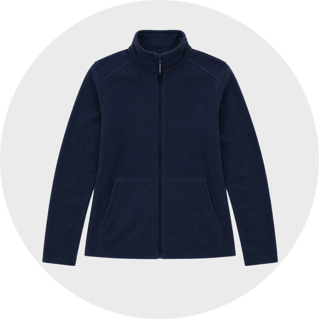 Navy blue fleece jacket with zip front, stand collar, and angled front pockets, laid flat against a gray circular background.