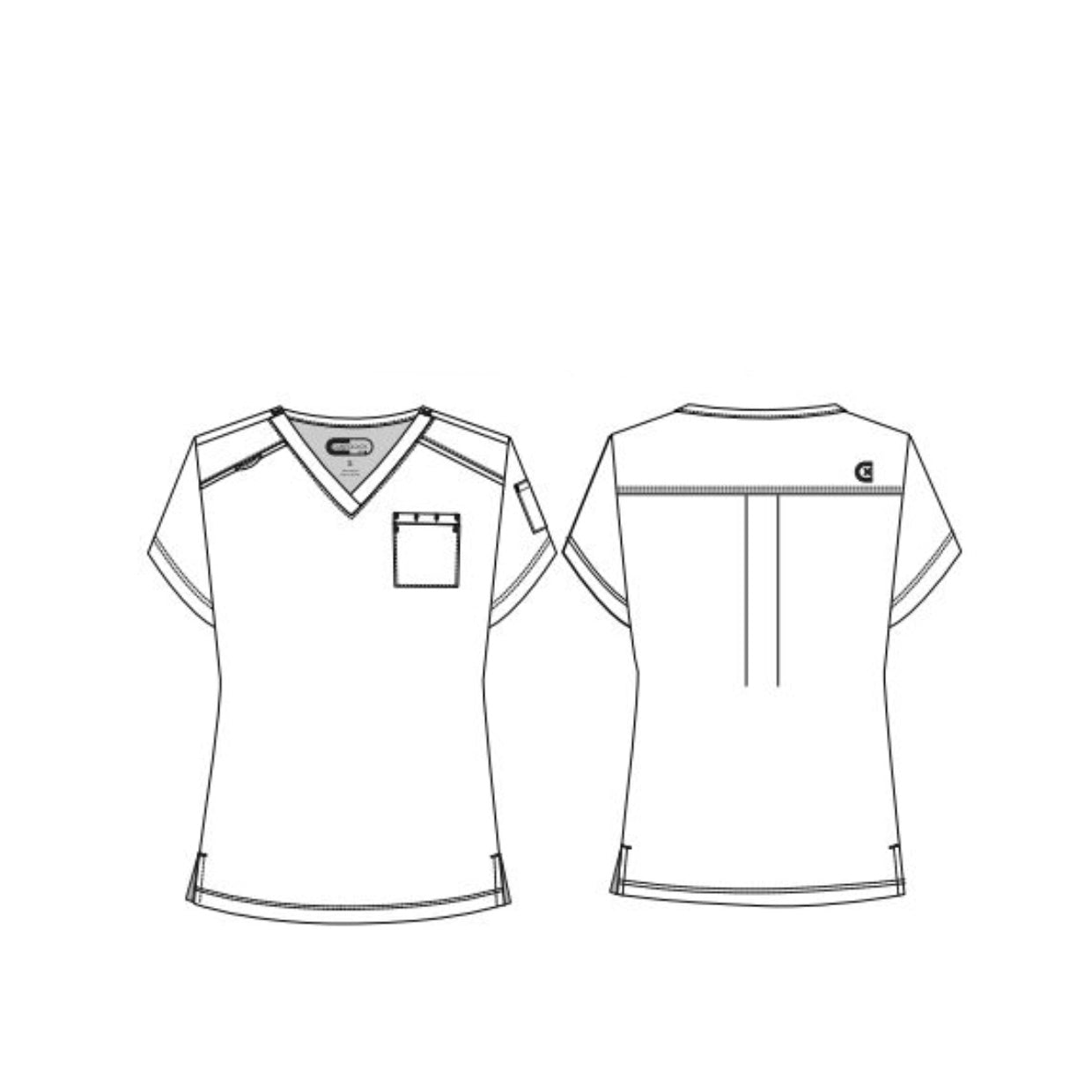 Front and back technical sketch of a women's short-sleeve V-neck scrub top with chest pocket and sleeve pocket
