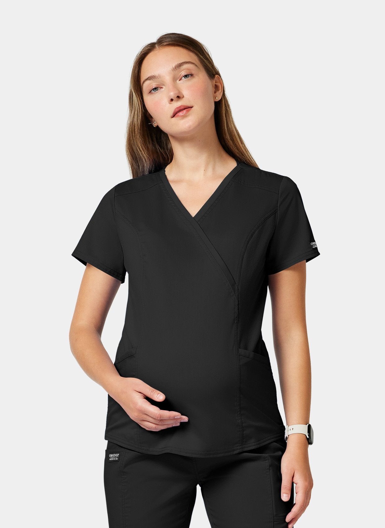 Cherokee WW Revolution Maternity Mock Wrap Scrub Top WWE688 - Black