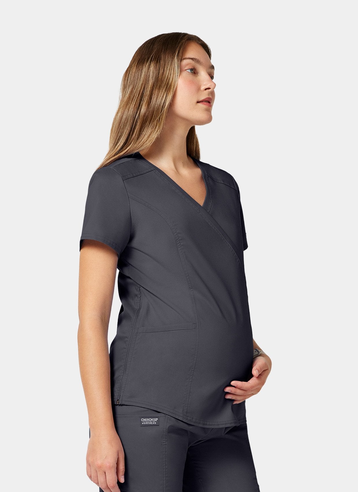 Cherokee WW Revolution Maternity Mock Wrap Scrub Top WWE688 - Pewter