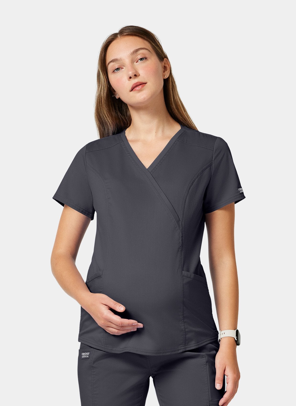 Cherokee WW Revolution Maternity Mock Wrap Scrub Top WWE688 - Pewter
