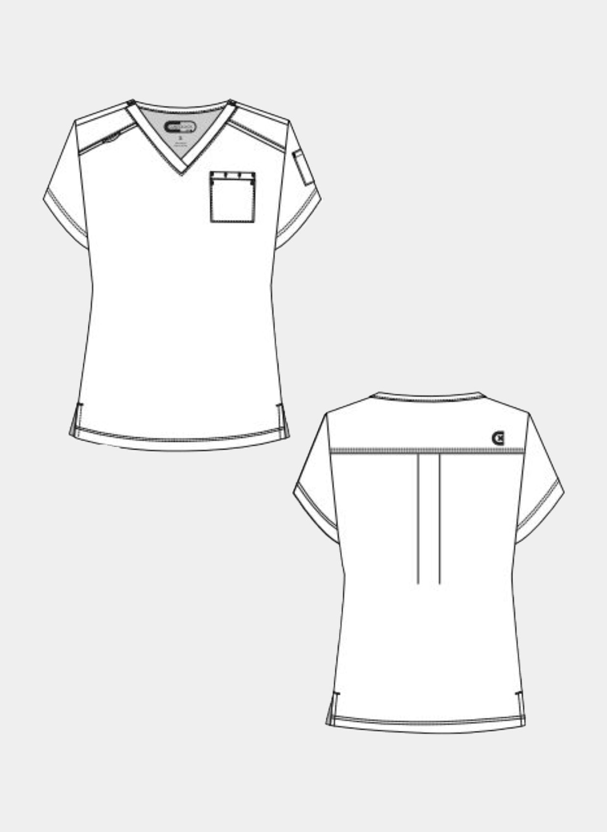 Technical line drawing of a women's V-neck scrub top with short sleeves, chest pocket and front and back views.
