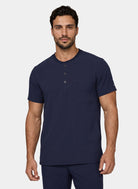 Koi Next Gen Flex Forward men's navy scrub top with short sleeves and a button collar