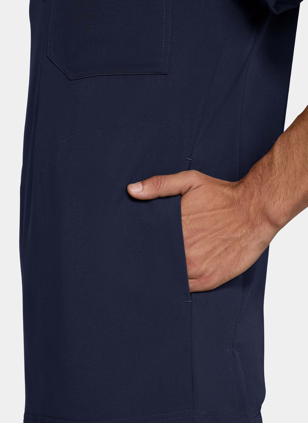 Koi Next Gen Flex Forward men's navy scrub top with short sleeves and a button collar