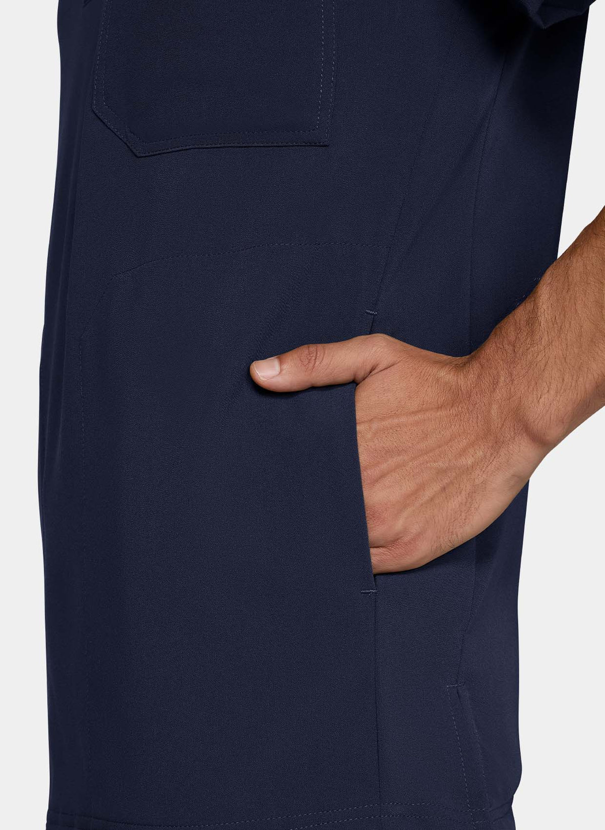 Koi Next Gen Flex Forward men's navy scrub top with short sleeves and a button collar