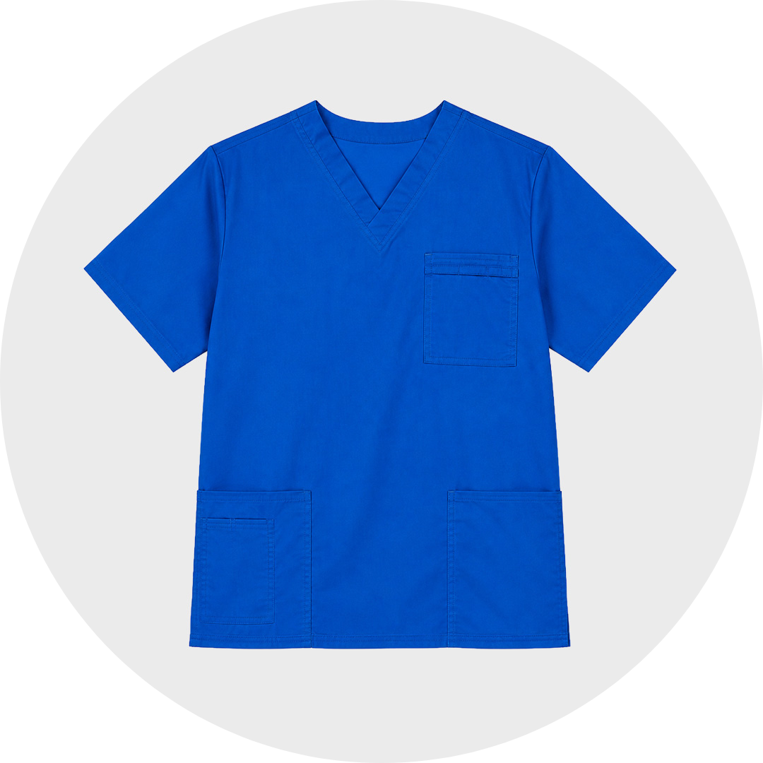 Bright blue men's short-sleeved cotton V-neck scrub top with a chest pocket and two large lower front pockets, shown flat against a light gray circular background.