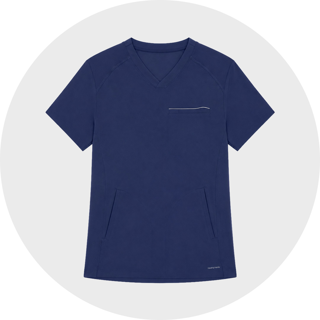 Navy blue short-sleeve men's V-neck scrub top with a chest pocket and two lower angled pockets, shown against a light gray circular background.