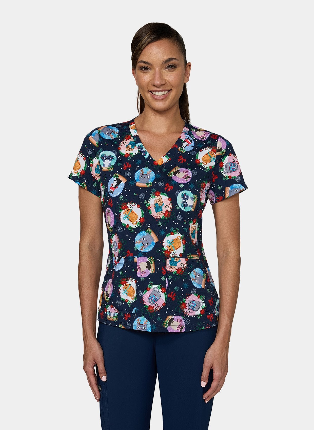 Koi Basics Leslie Scrub Top - Holiday Cats