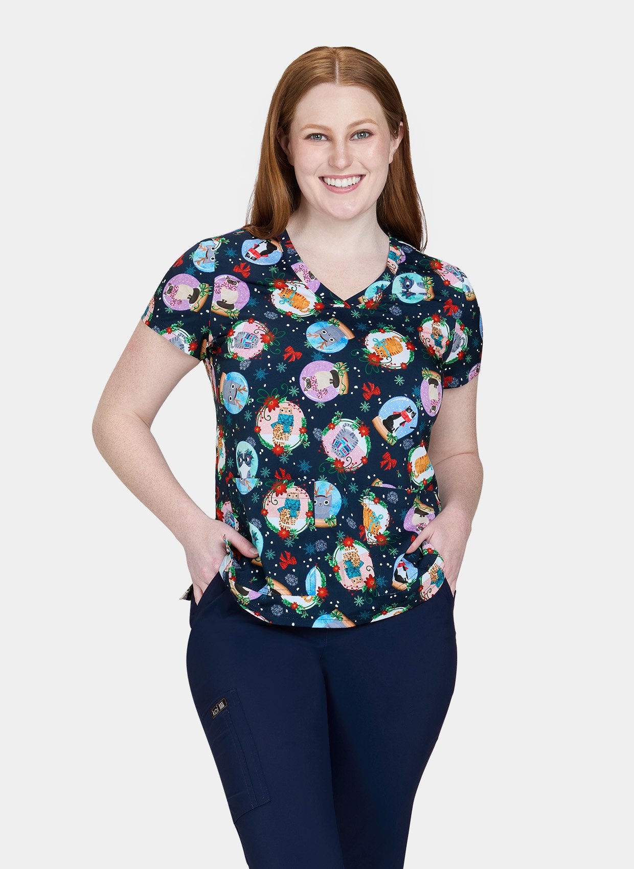 Women's Leslie Top Holiday Cats front facing model