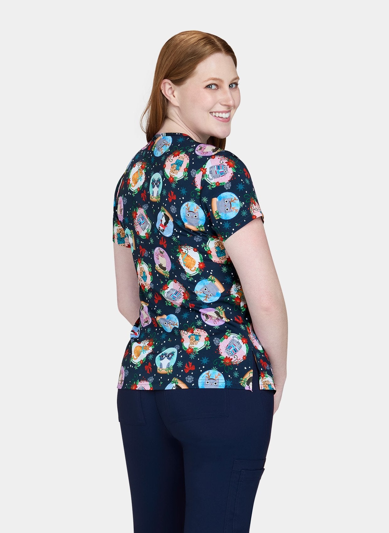 Women's Leslie Top Holiday Cats side facing model
