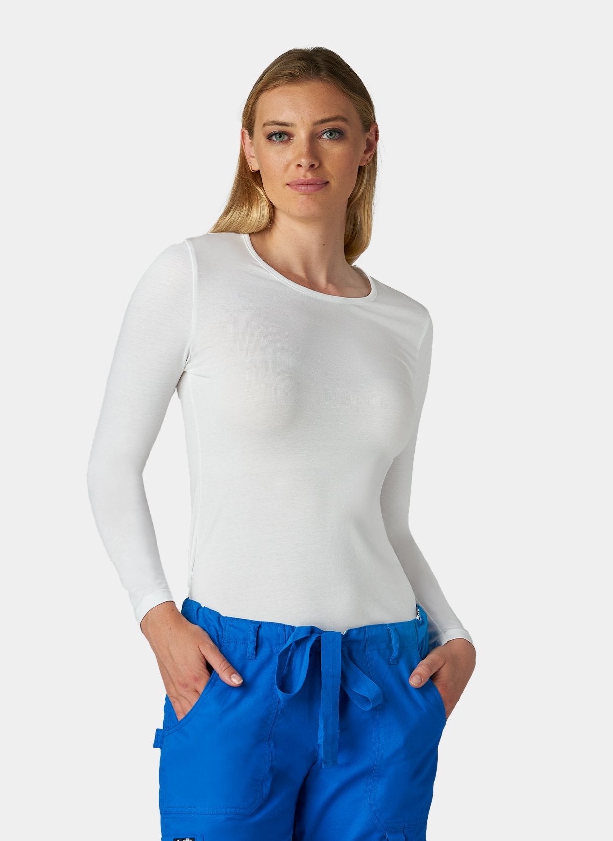 womens koi essentials long sleeve underscrub tender tee white