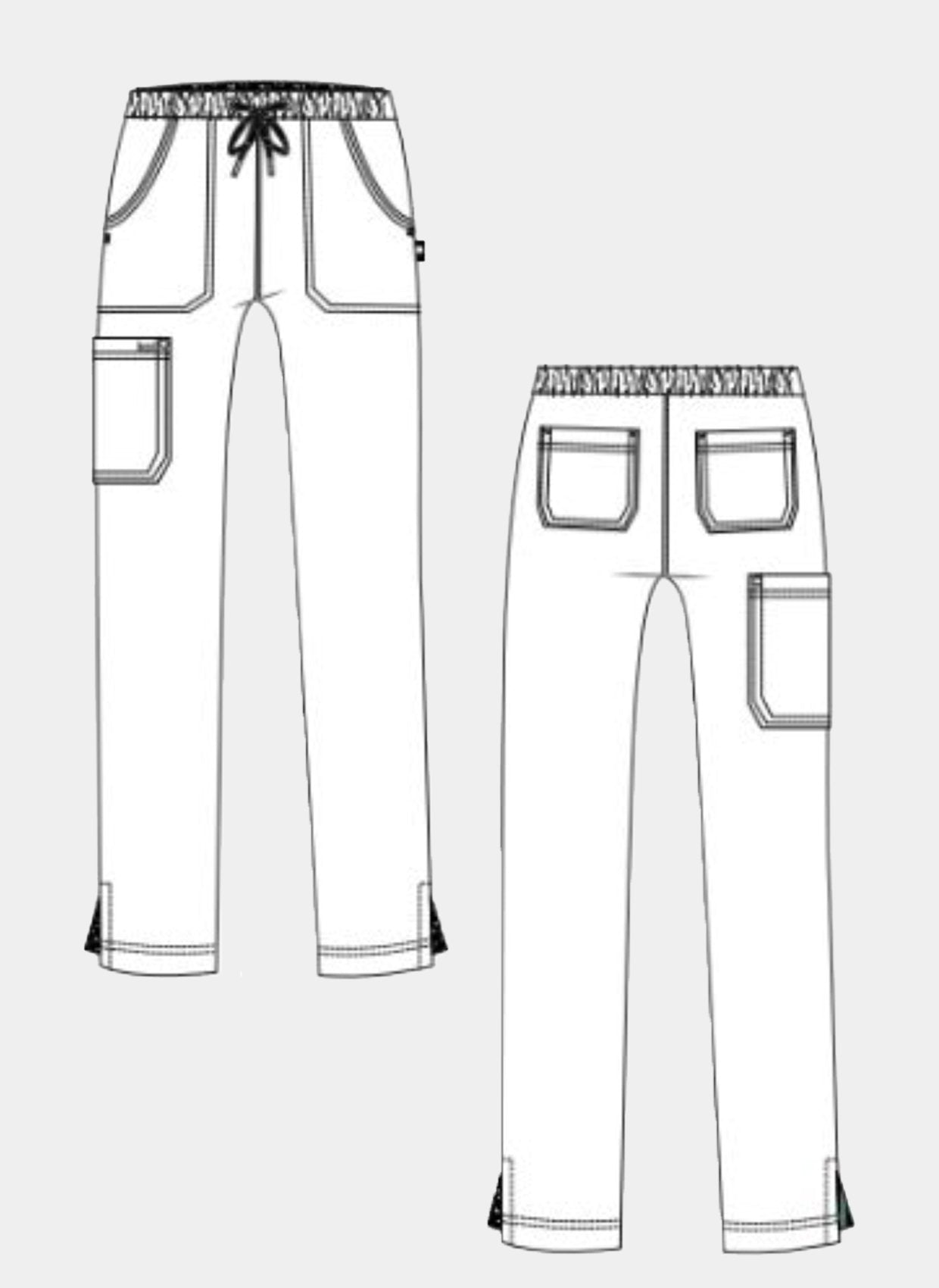 Front and back technical sketch of white straight-leg scrub trousers with elastic waistband, drawstring and utility pockets
