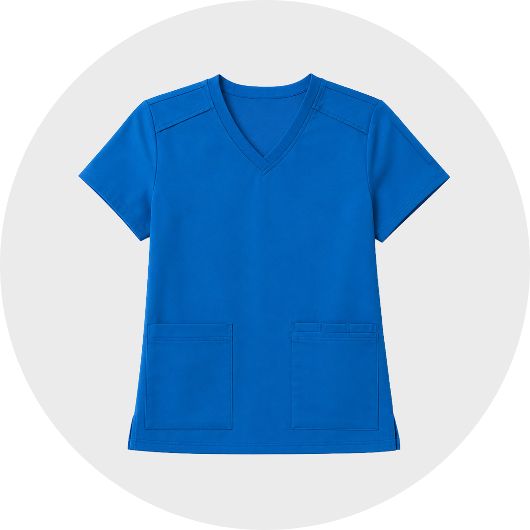Bright blue short-sleeve women's V-neck scrub top with shoulder seam detailing and two large front patch pockets, displayed against a light gray circular background.